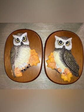 Ceramic Owl Wall Plaques with Autumn Leaves - Pair